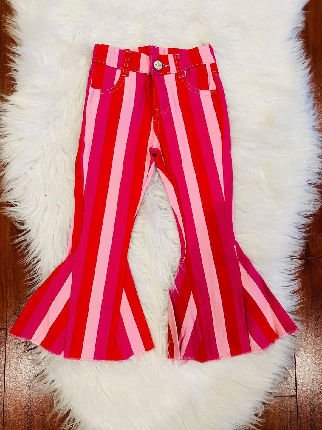 Pink & Red Striped Bell Bottom Jeans